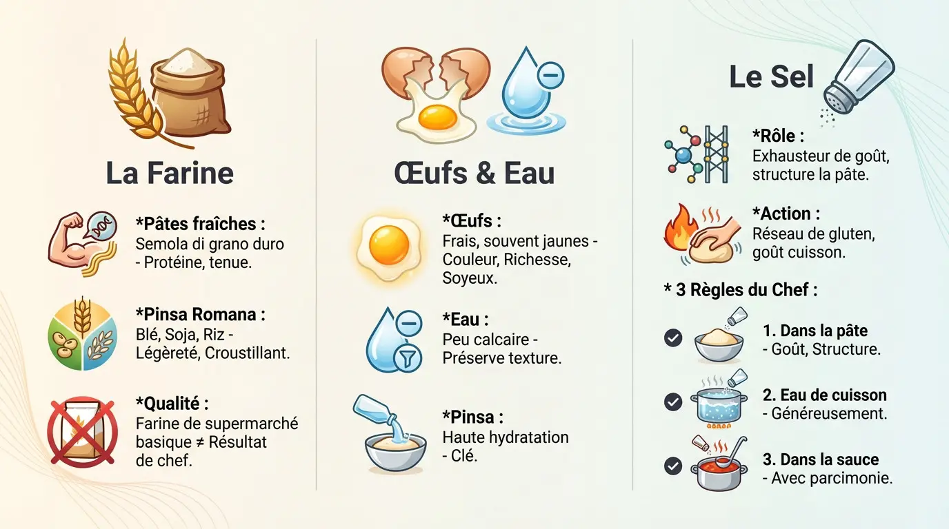 Infographie détaillant les ingrédients clés de la pâte italienne : farine, œufs, eau et sel