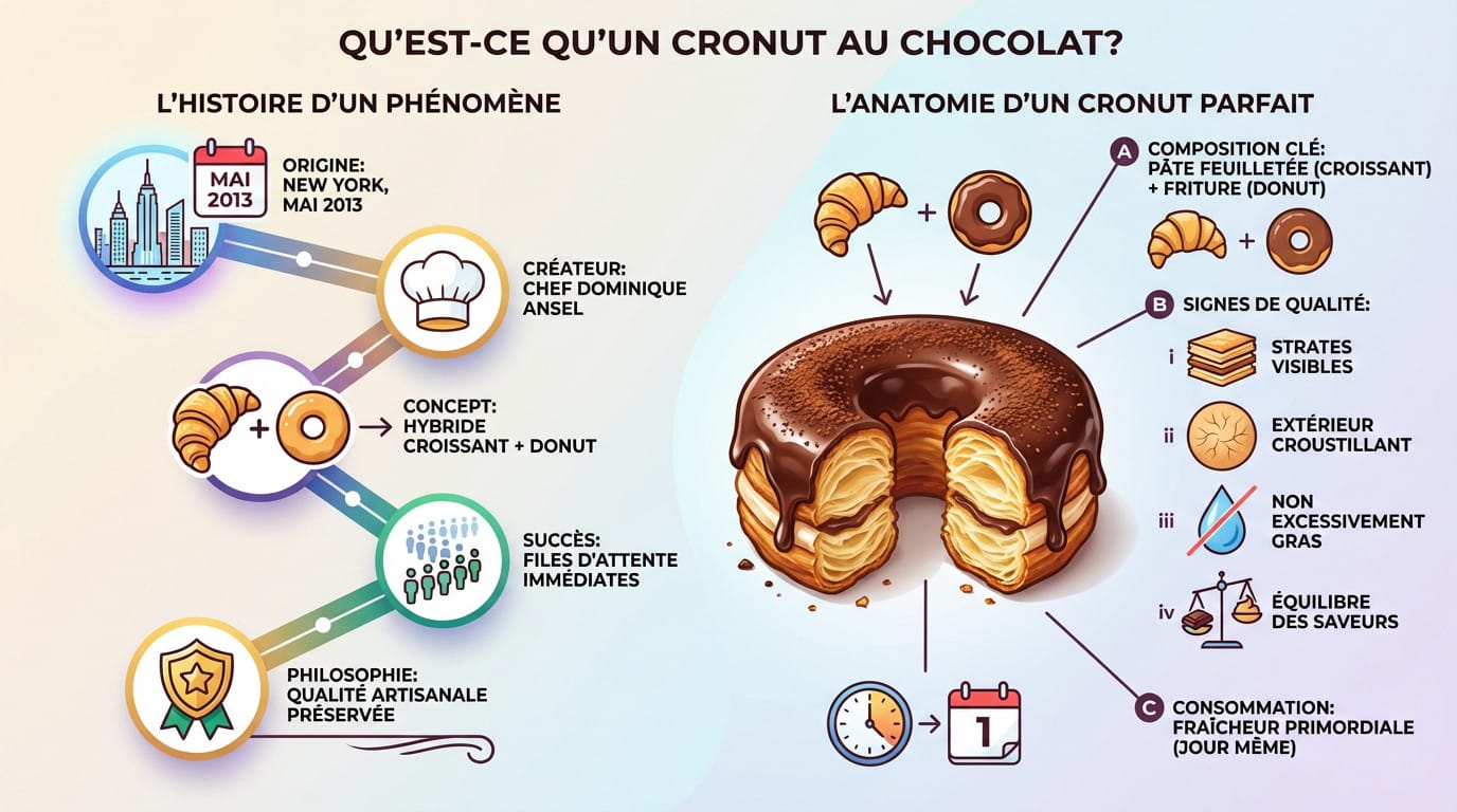 Infographie détaillant l'histoire et l'anatomie du cronut au chocolat