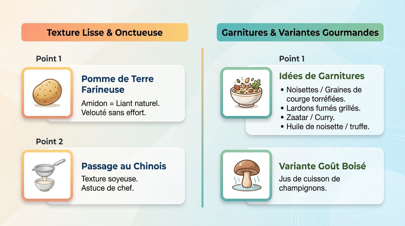 Infographie présentant des idées de garnitures pour veloutés et purées
