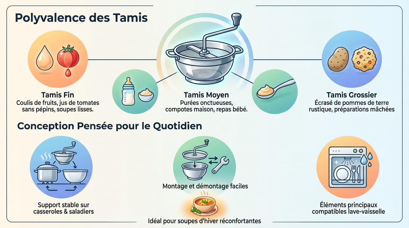 Infographie détaillant le moulin à légumes Lidl ERNESTO avec ses trois tamis en acier inoxydable