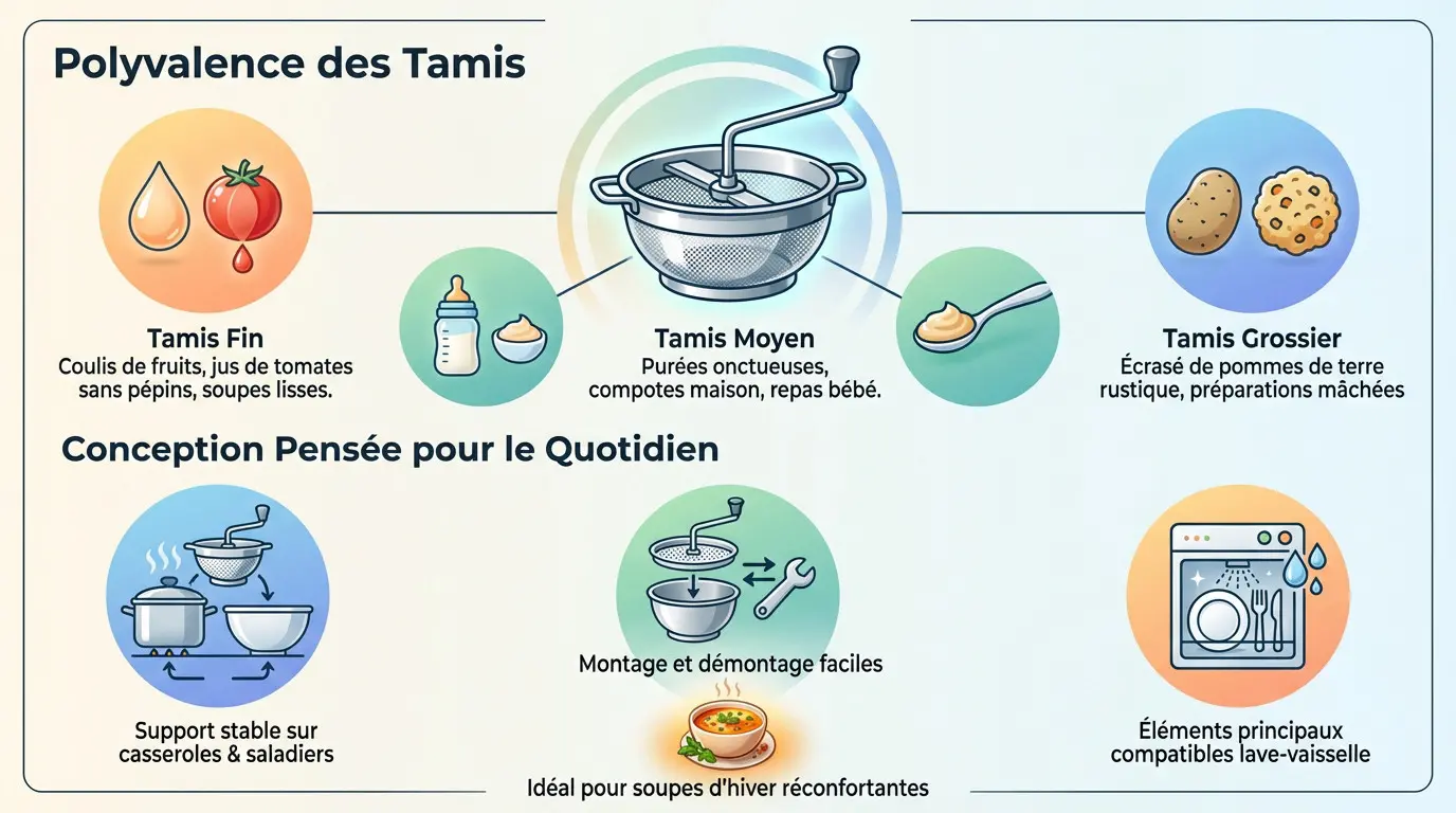 Infographie détaillant le moulin à légumes Lidl ERNESTO avec ses trois tamis en acier inoxydable