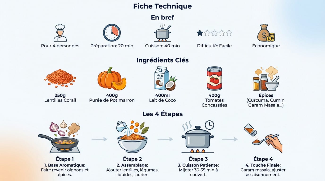 Infographie recette dahl lentilles corail potimarron