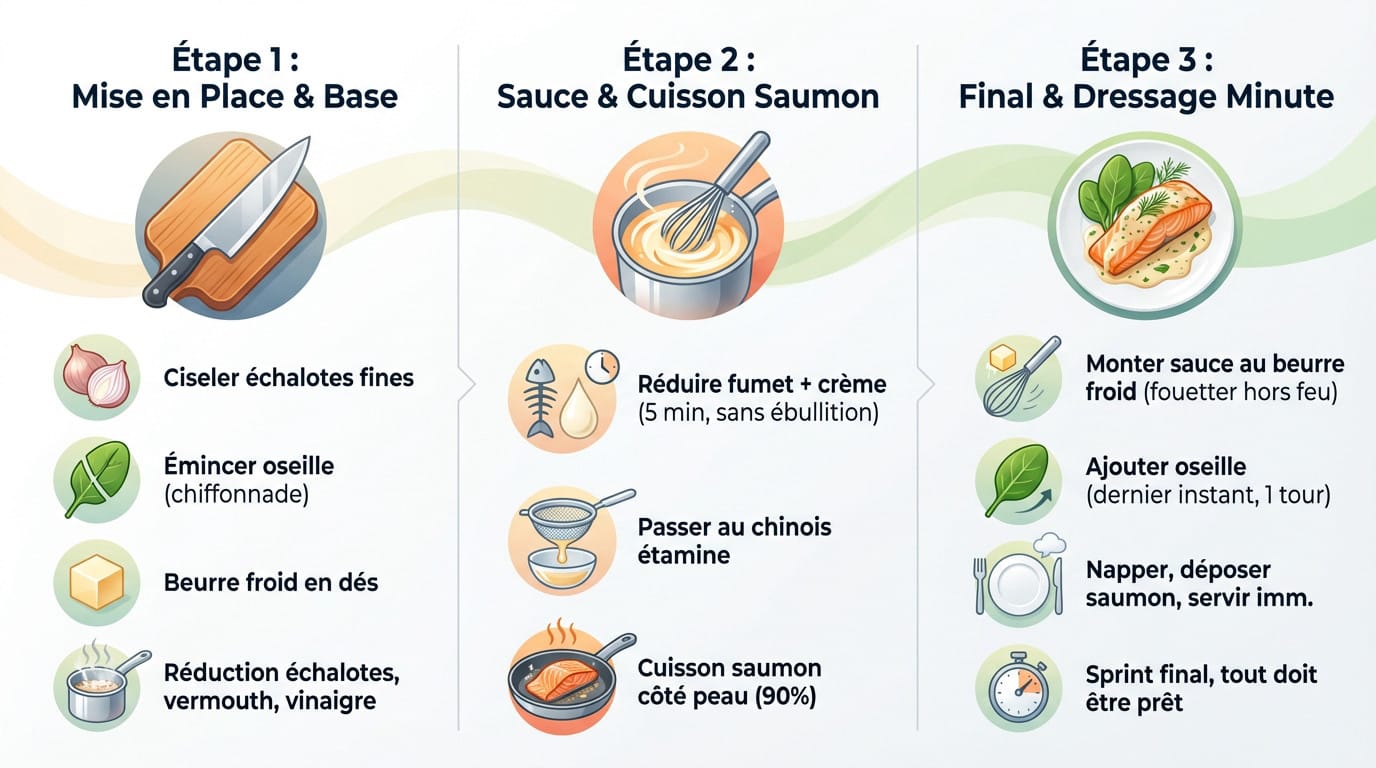 Infographie illustrant les 3 étapes clés de la recette du saumon à l'oseille : préparation, sauce et cuisson.