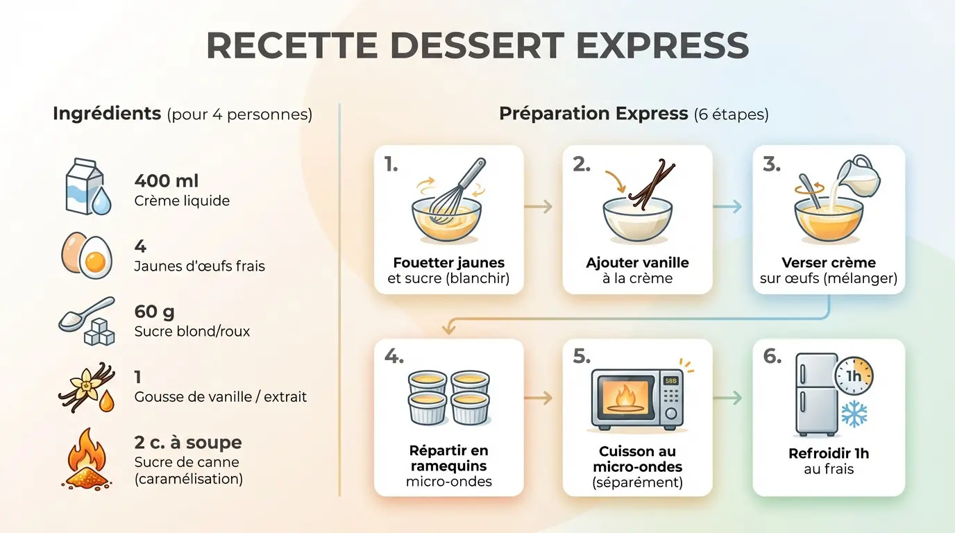 Infographie résumant les ingrédients et étapes de la crème brûlée express