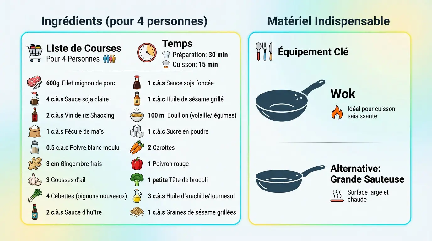 Infographie présentant les ingrédients frais et le matériel nécessaire pour le porc sauté au wok