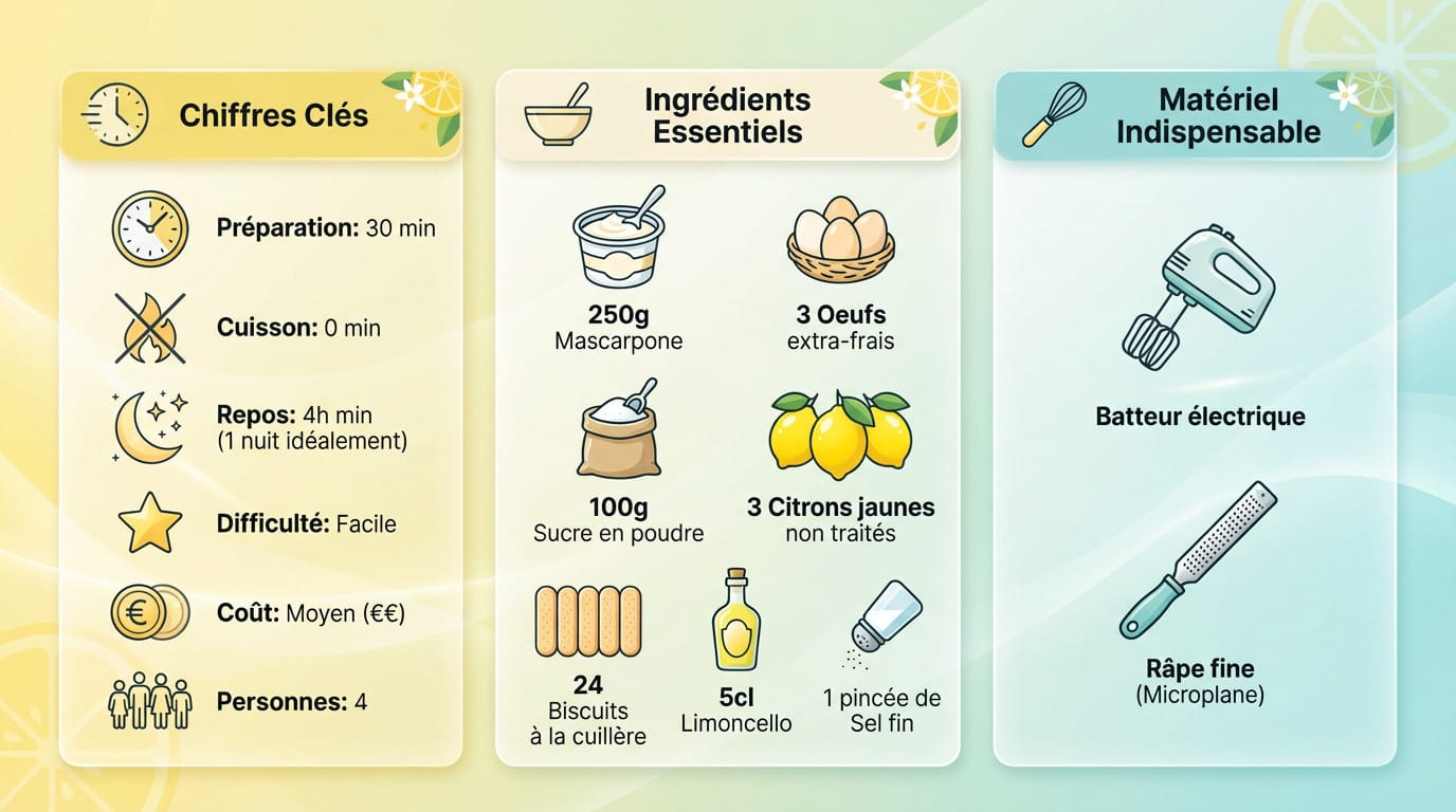 Infographie récapitulative des ingrédients et étapes pour un tiramisu au citron parfait