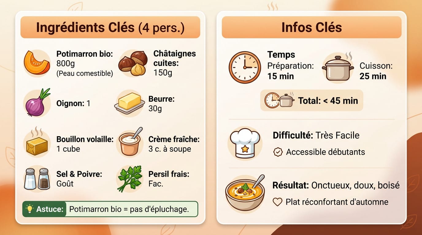 Infographie des ingrédients pour la recette de velouté potimarron et châtaignes