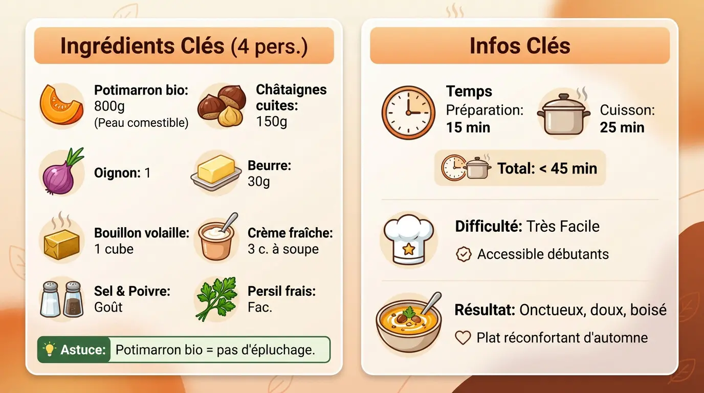 Infographie des ingrédients pour la recette de velouté potimarron et châtaignes