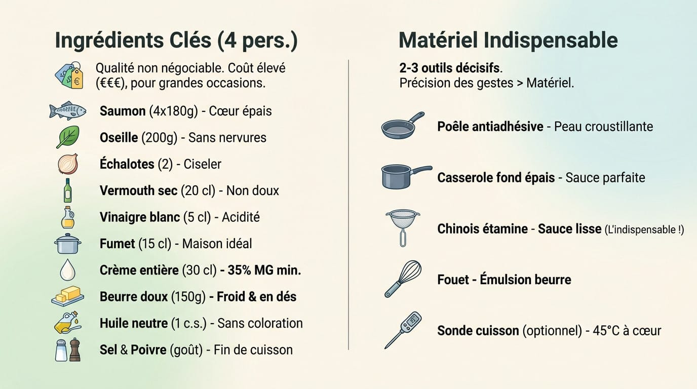 Ingrédients et matériel pour le saumon à l'oseille de Paul Bocuse