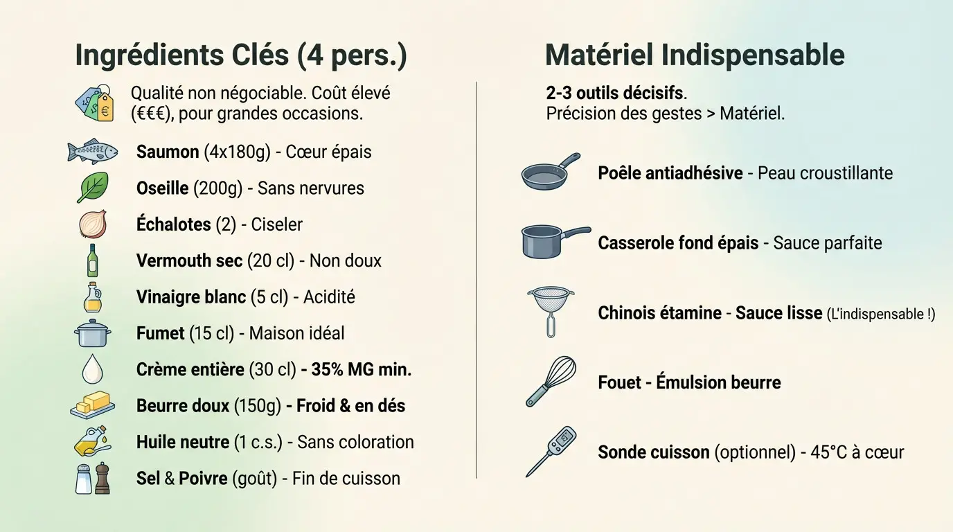 Ingrédients et matériel pour le saumon à l'oseille de Paul Bocuse