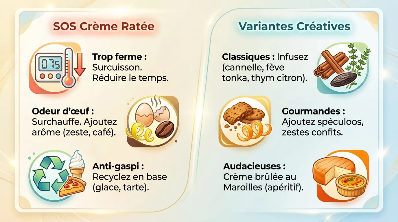 Infographie explicative pour sauver une crème brûlée ratée et idées de variantes créatives