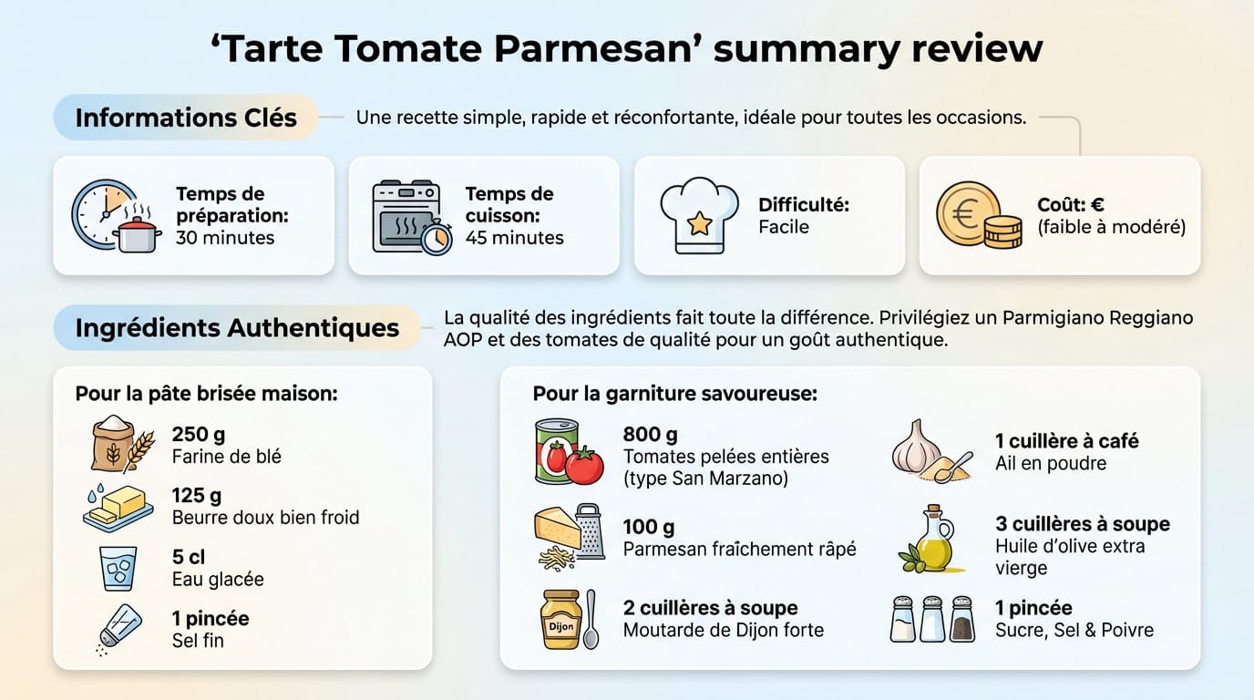 Infographie des ingrédients essentiels pour la tarte tomate parmesan