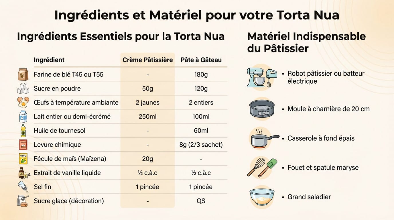 Infographie présentant les ingrédients et le matériel pour la Torta Nua