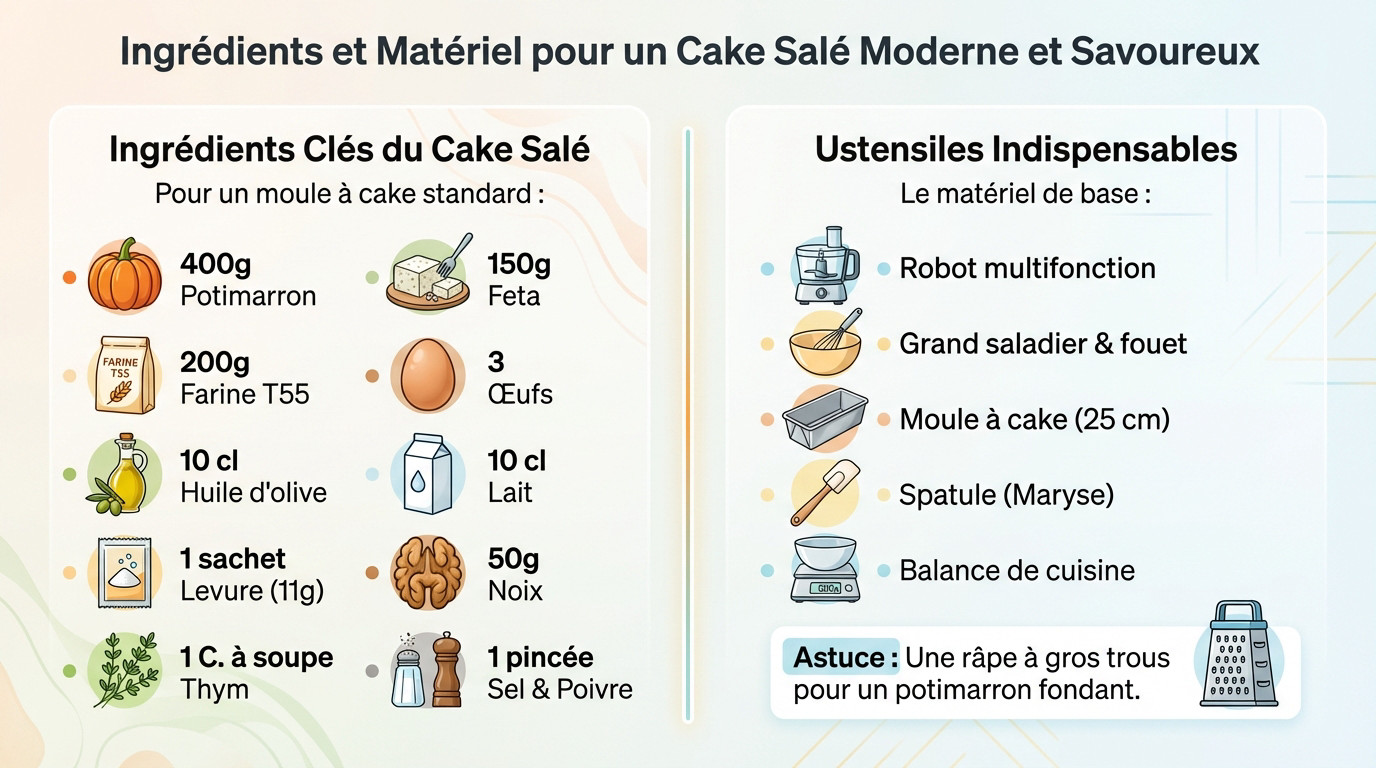 Ingrédients et matériel pour préparer un cake salé au potimarron et à la feta