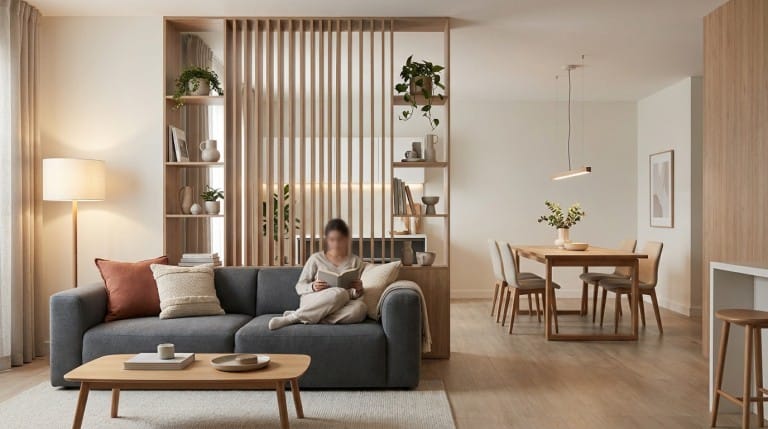 Salon salle à manger ouvert avec espace de travail, illustrant le déclin de l'idéal d'intimité