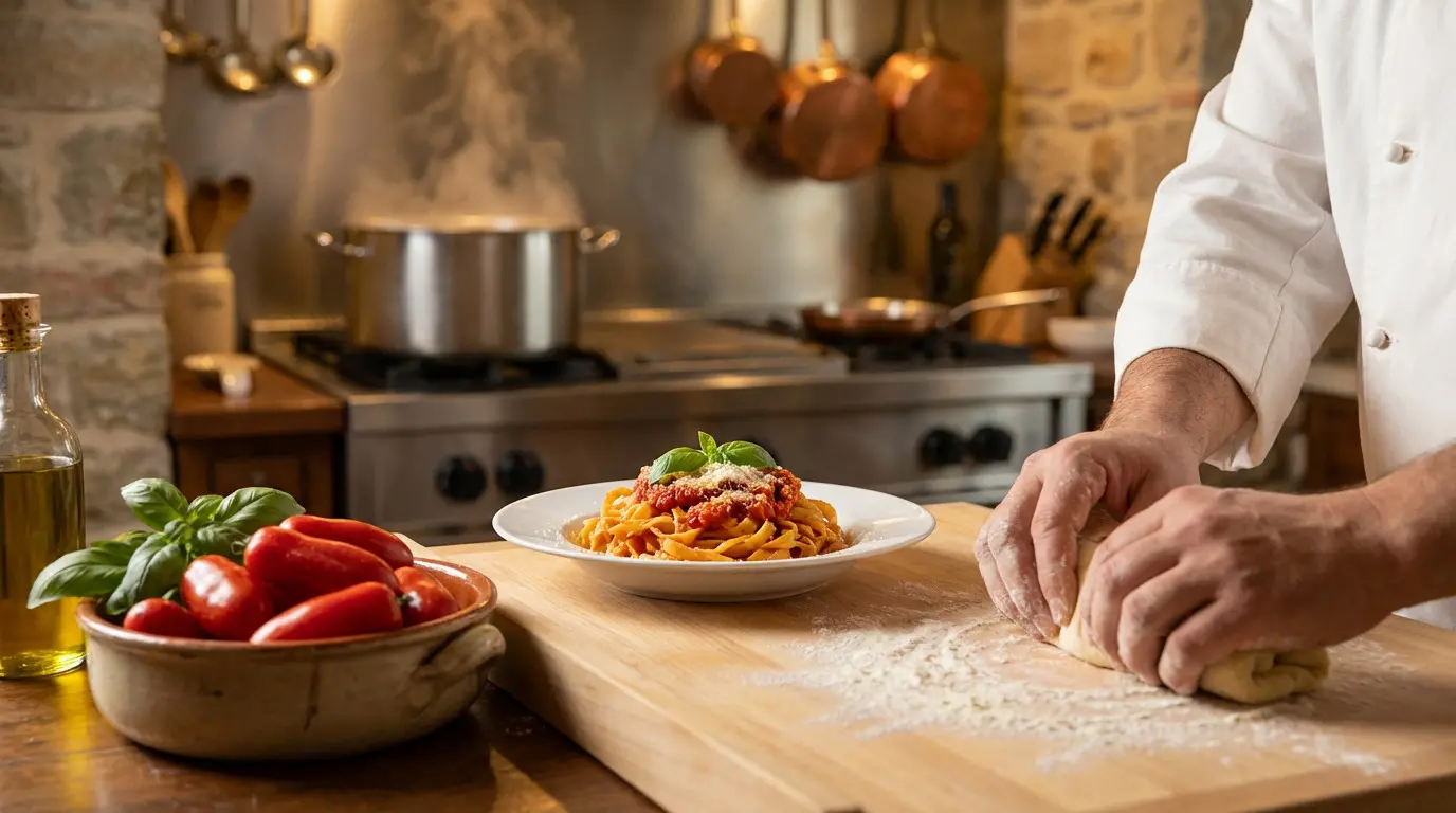 Chef préparant des pâtes fraîches dans une cuisine rustique