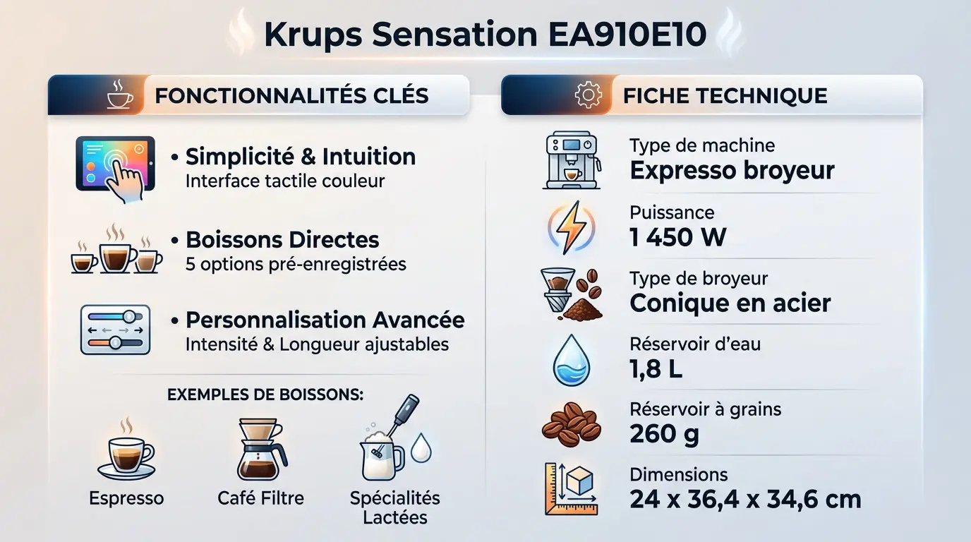 Machine à café Krups Sensation EA910E10 avec interface tactile et café en grains