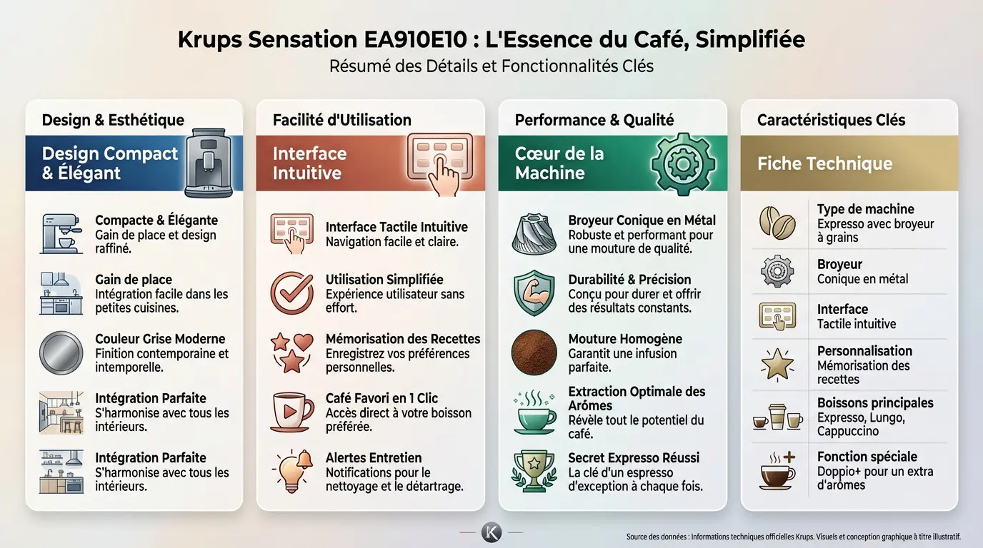 Machine à café Krups Sensation EA910E10 grise avec interface tactile et deux tasses d'expresso