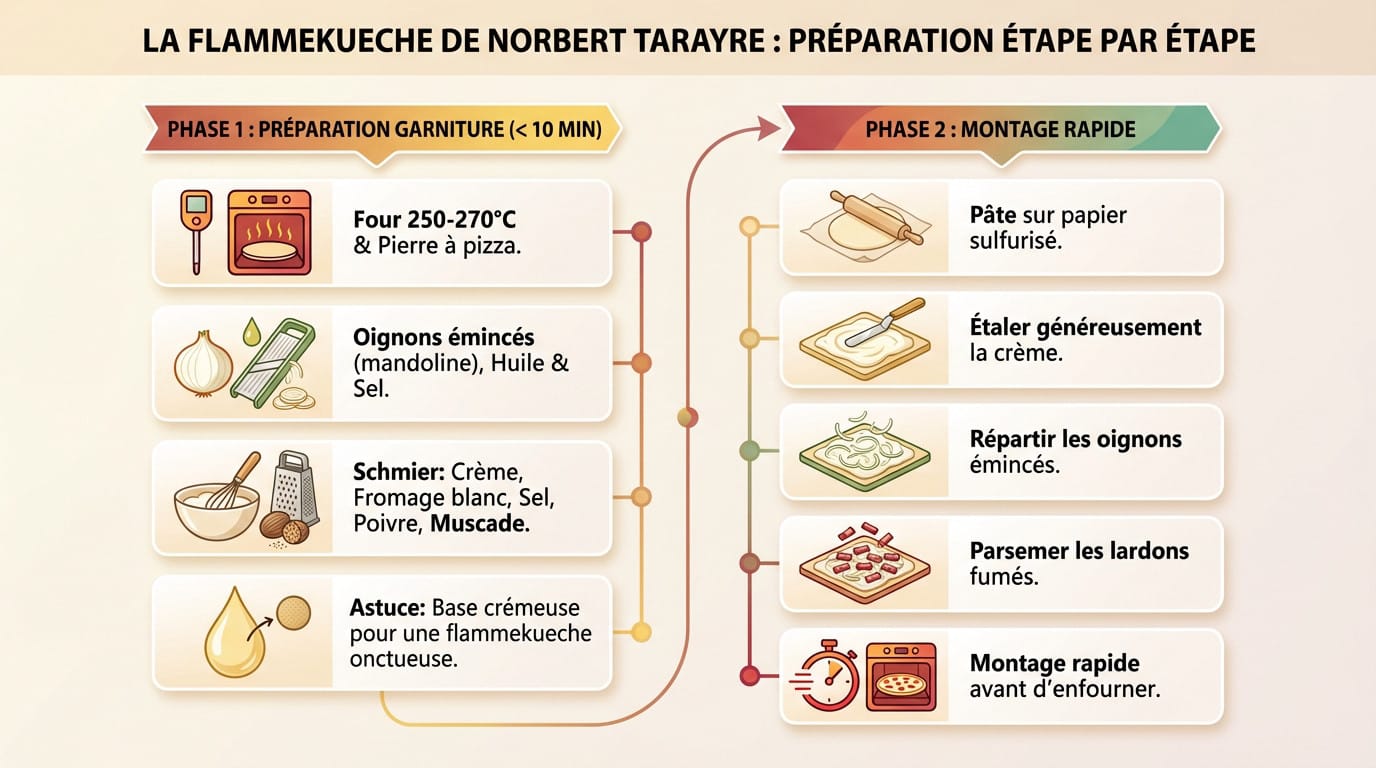 Préparation de la flammekueche de Norbert Tarayre : étalage de la crème sur la pâte