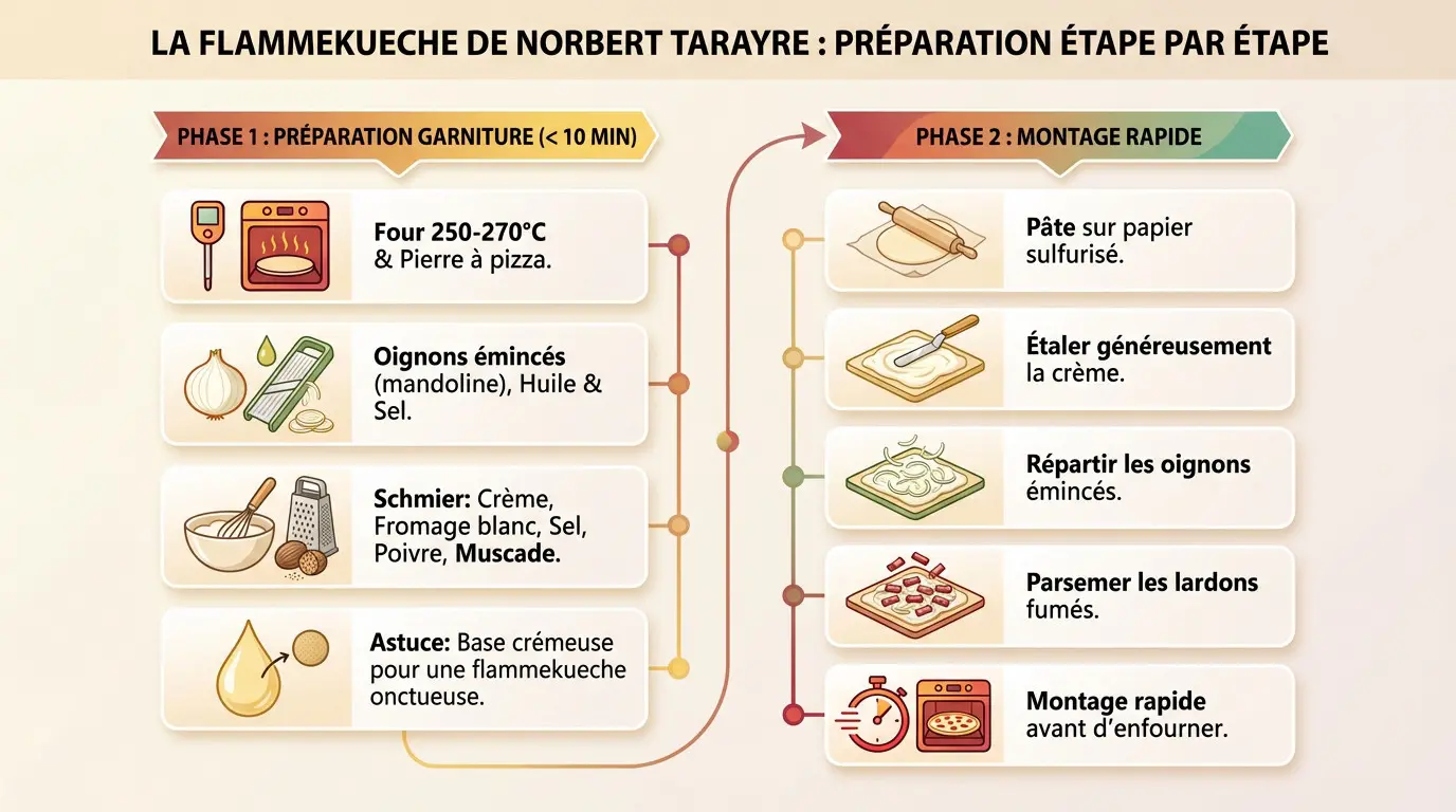Préparation de la flammekueche de Norbert Tarayre : étalage de la crème sur la pâte