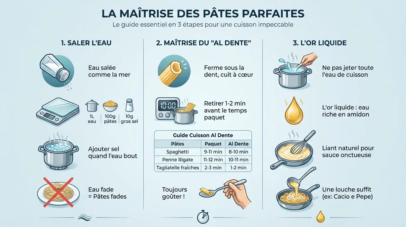 Chef italien vérifiant la cuisson des pâtes al dente à la casserole
