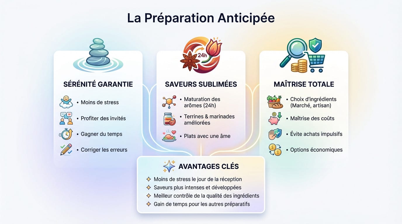 Assortiment d'entrées raffinées et verrines préparées à l'avance pour une réception sans stress