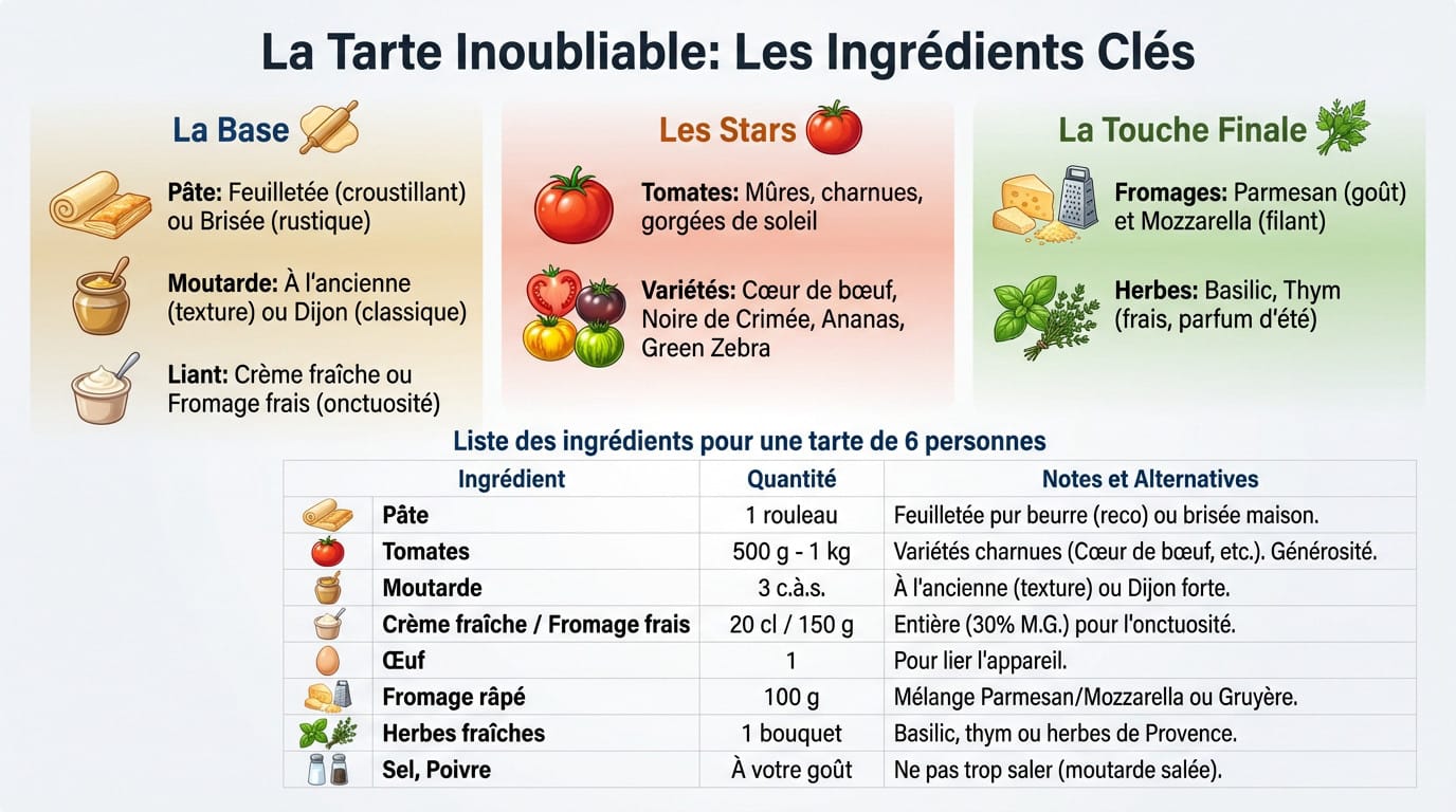 Ingrédients frais pour une tarte tomate moutarde : tomates mûres, pâte, moutarde et herbes