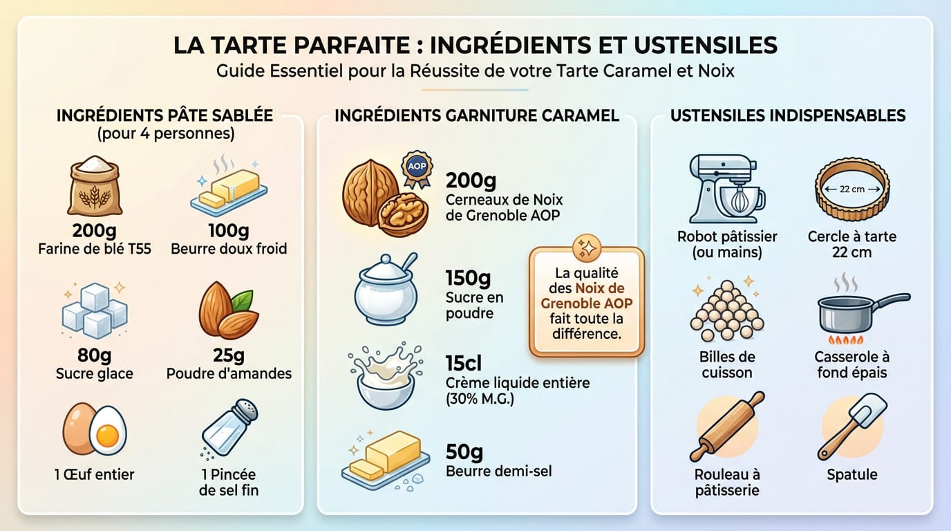Ingrédients frais et ustensiles pour préparer une tarte aux noix
