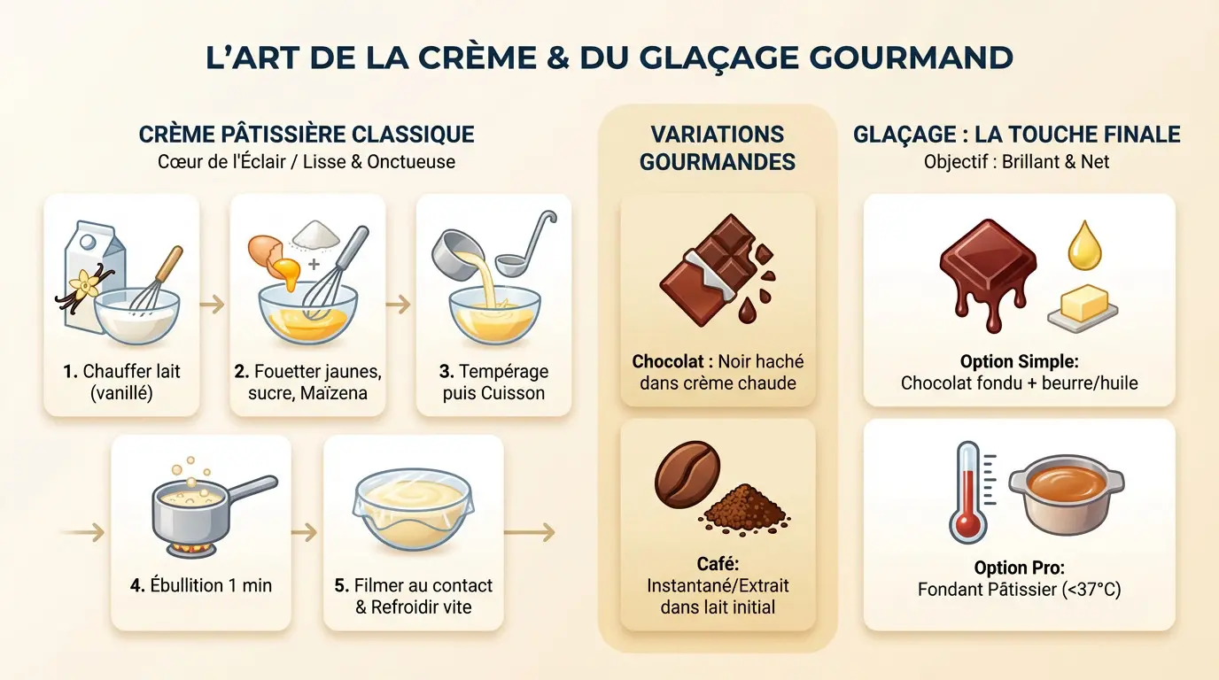 Glaçage brillant sur éclairs maison garnis de crème pâtissière