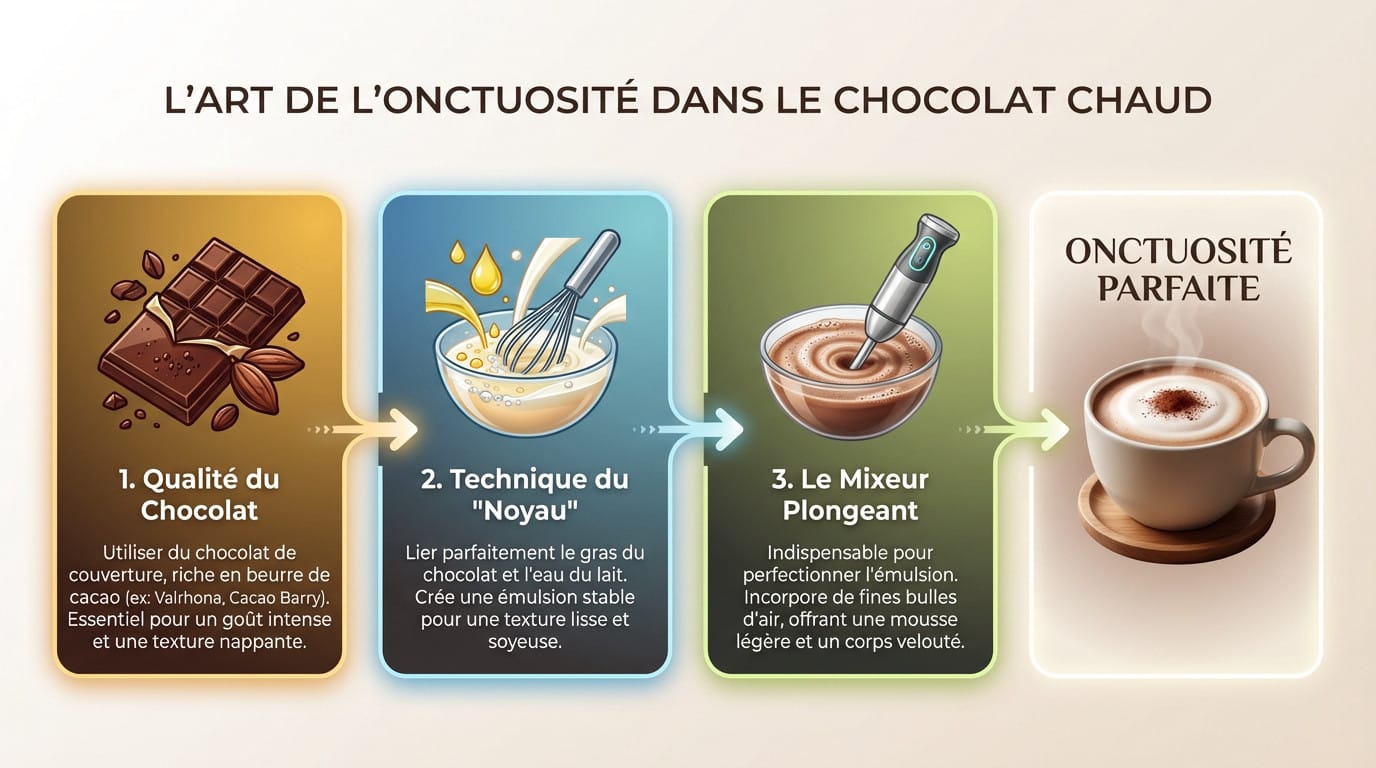Préparation onctueuse d'un chocolat chaud façon Pierre Hermé avec mousse veloutée