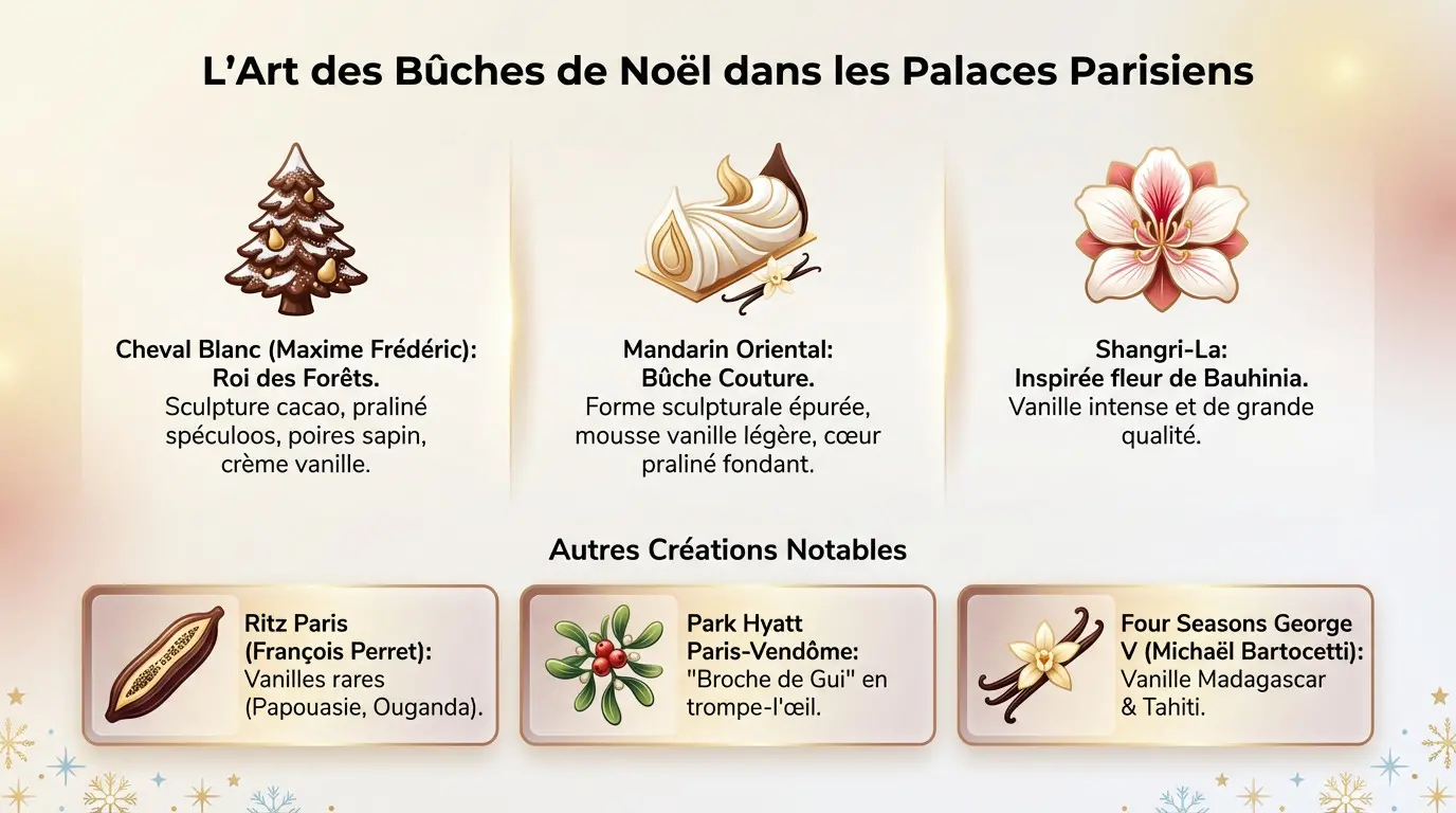 Création pâtissière d'exception illustrant l'art des bûches de Noël dans les palaces parisiens