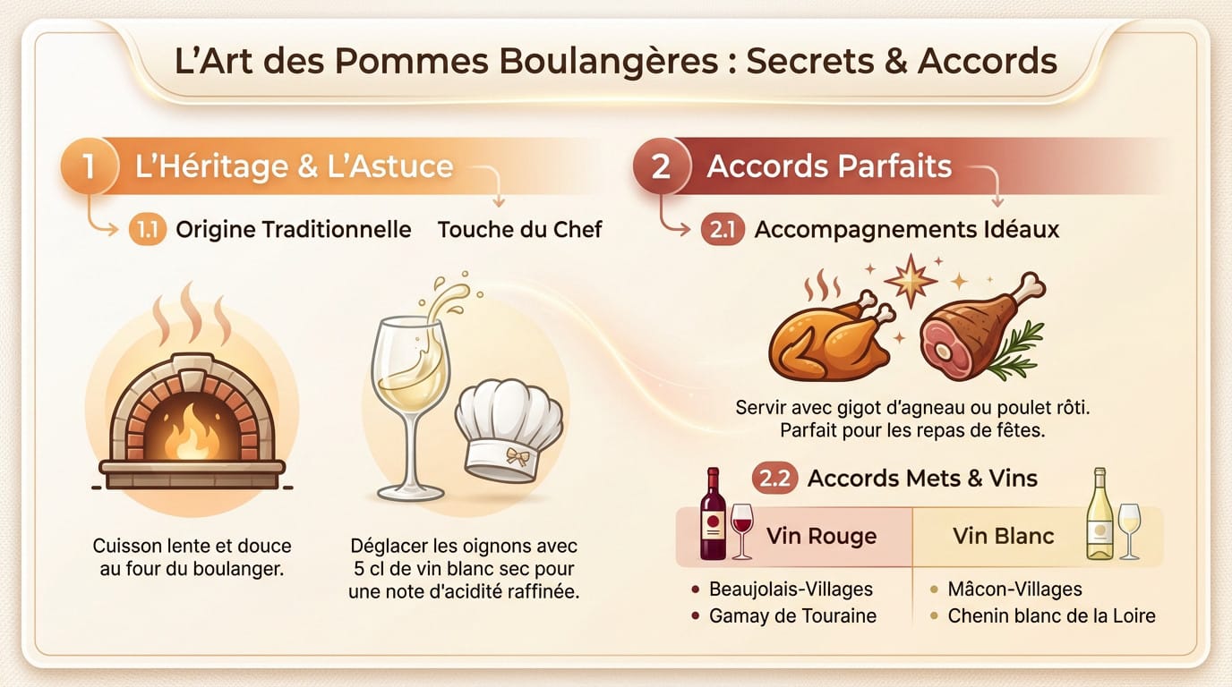 Plat traditionnel de pommes boulangères dorées au four avec oignons et herbes