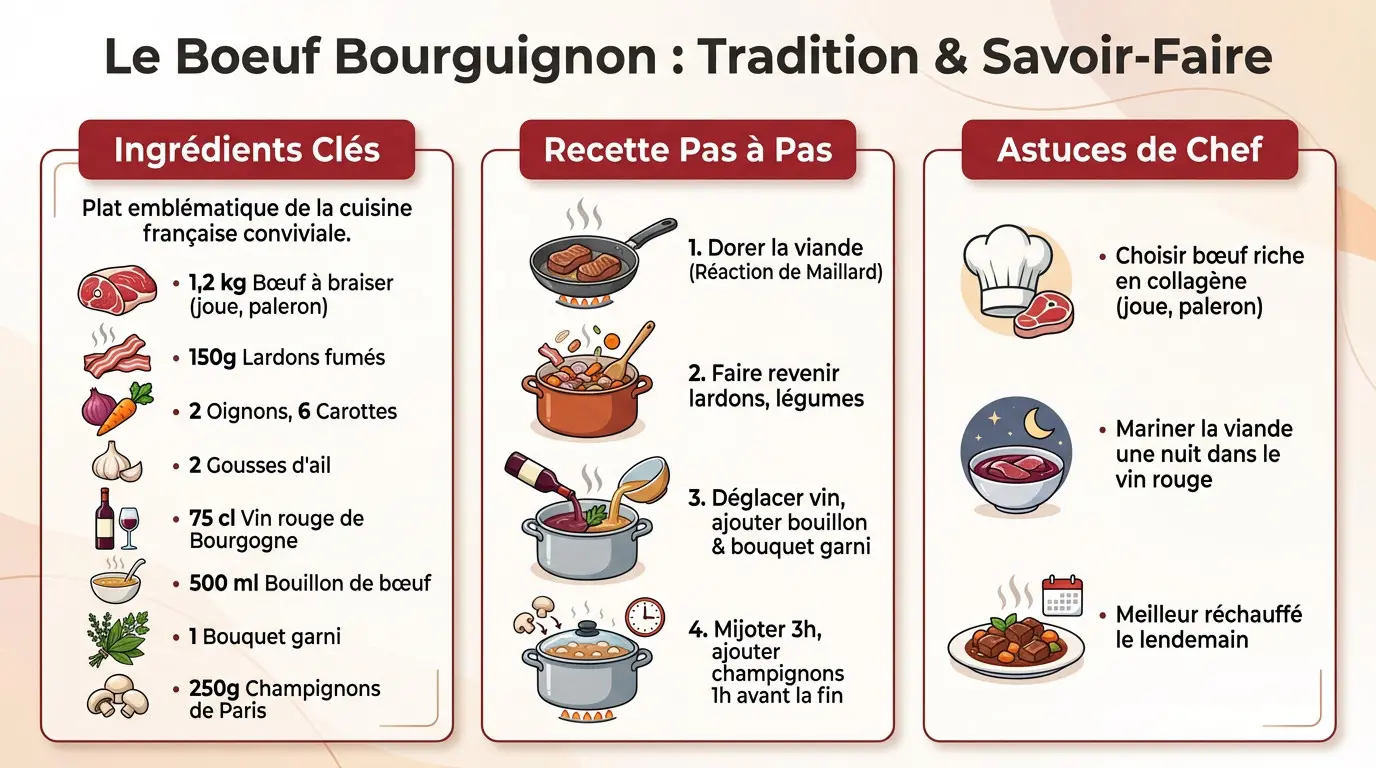 Cocotte en fonte contenant un bœuf bourguignon traditionnel avec carottes et sauce au vin rouge