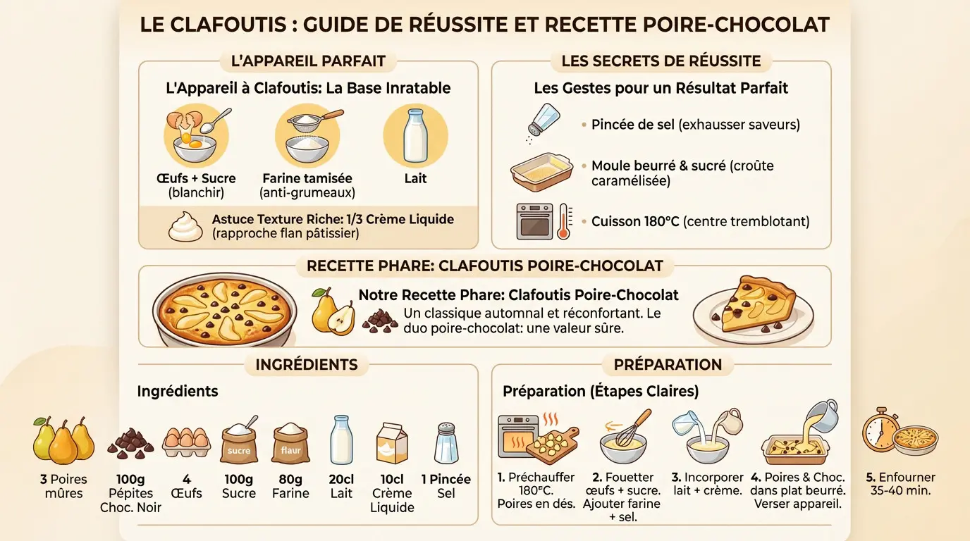 Clafoutis automnal poire chocolat sortant du four dans un plat en céramique