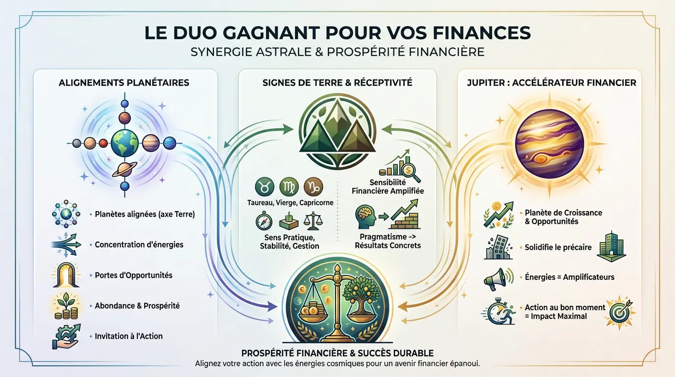 Illustration symbolisant l'impact positif des alignements planétaires sur les finances des signes de terre