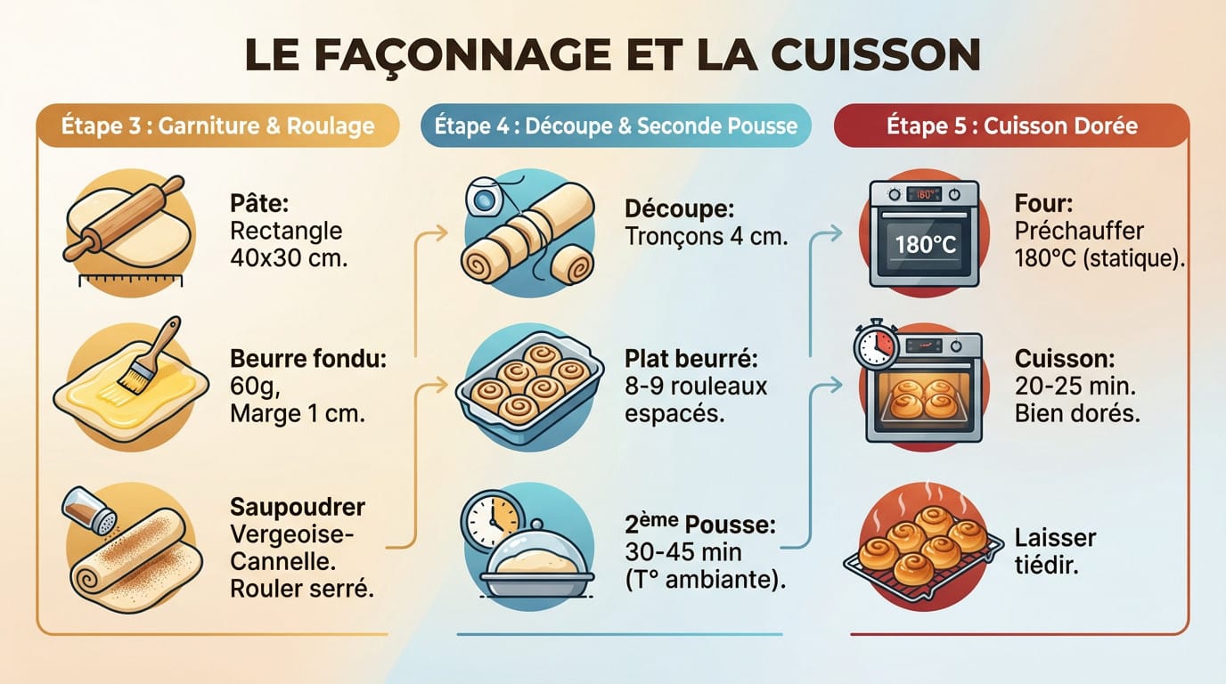 Préparation de cinnamon rolls : étalage de la pâte et garniture à la cannelle