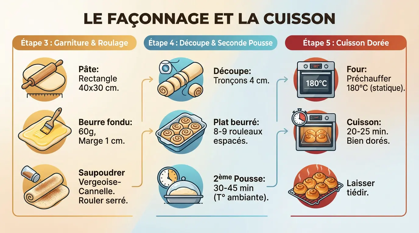 Préparation de cinnamon rolls : étalage de la pâte et garniture à la cannelle