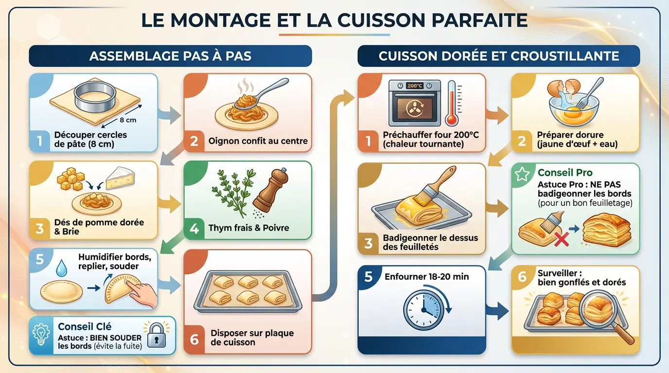 Montage des feuilletés pommes brie oignon sur une plaque de cuisson