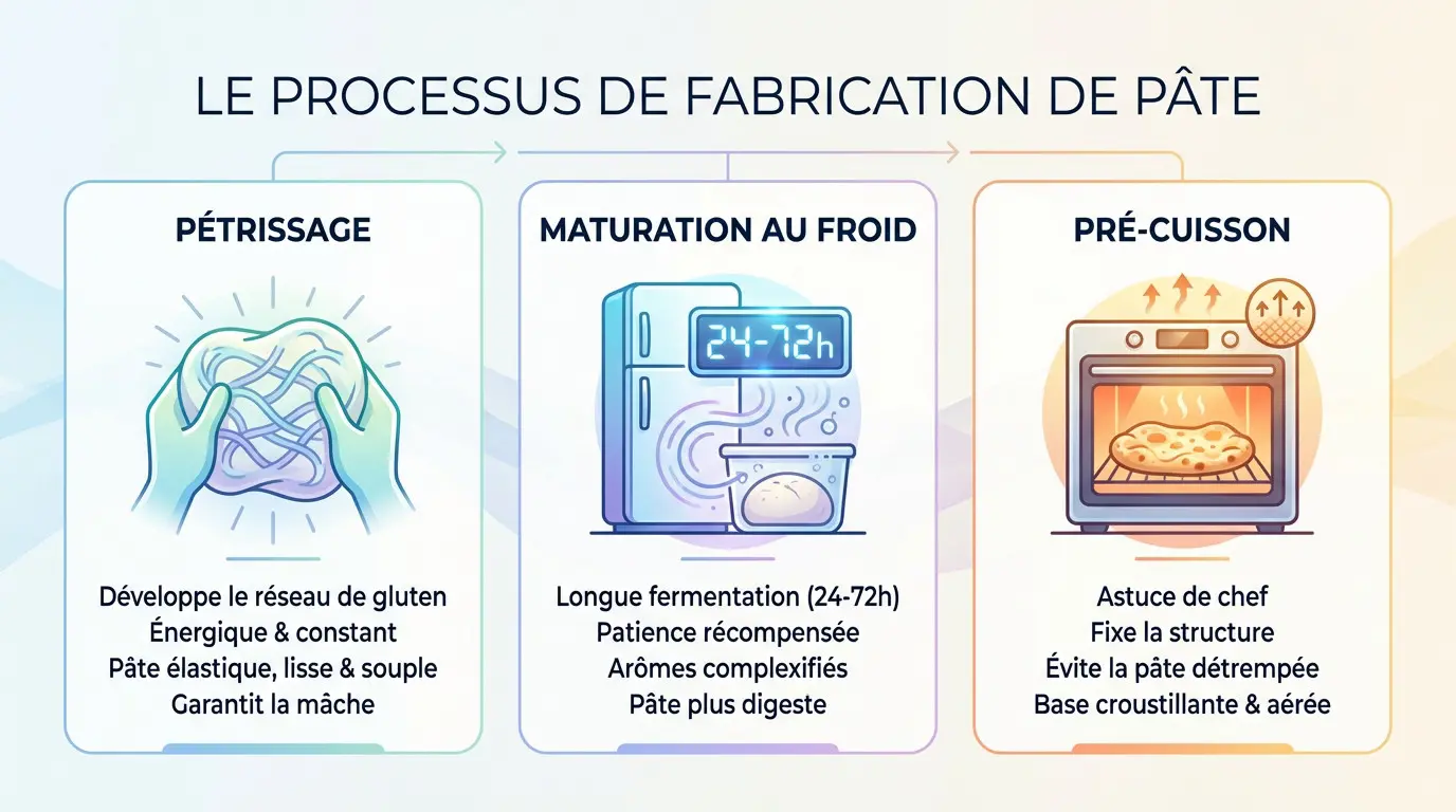 Schéma explicatif des trois étapes clés de la fabrication de la pâte : pétrissage, maturation et pré-cuisson