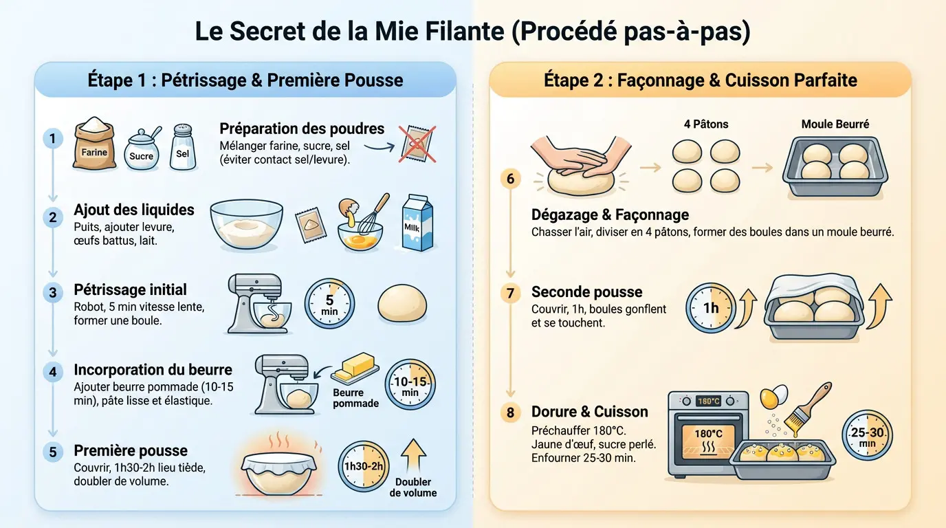 Étapes de préparation de la brioche maison pour une mie filante