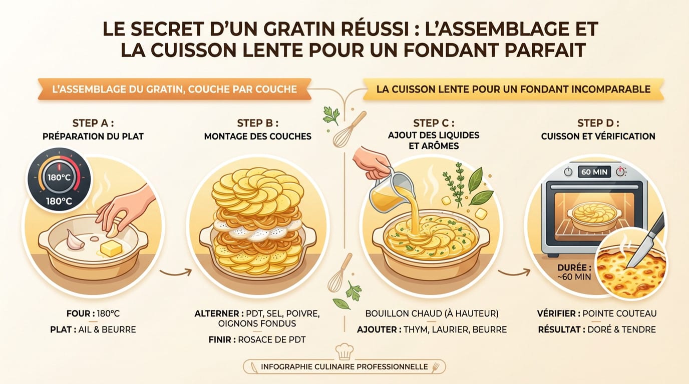 Préparation des couches de pommes de terre et oignons pour le gratin boulanger