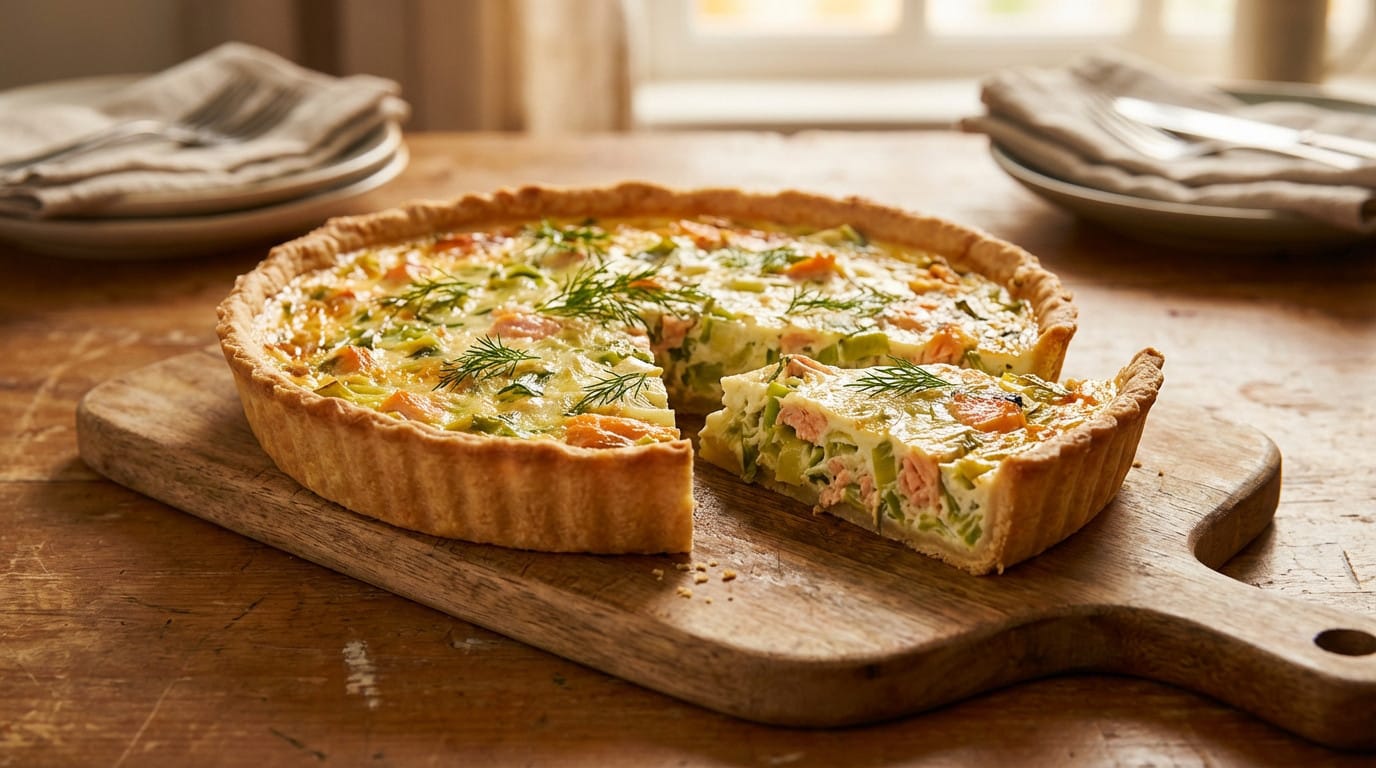 Quiche poireaux saumon crémeuse avec une croûte dorée, garnie de poireaux et saumon fumé