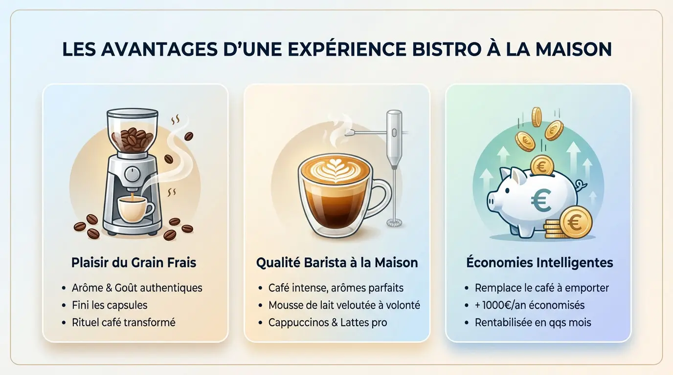 Machine expresso Krups Sensation préparant un café intense et une mousse onctueuse dans une ambiance de bistrot à domicile