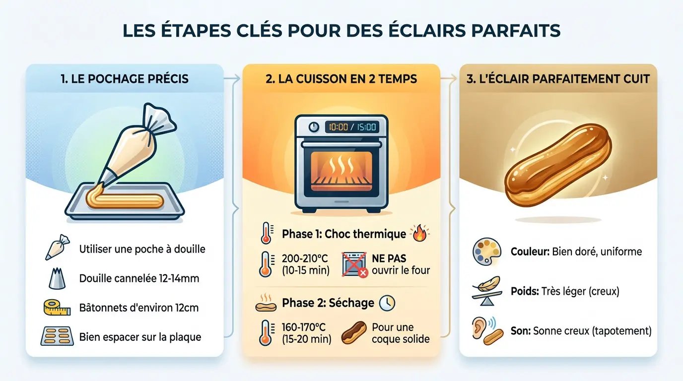 Pochage régulier de la pâte à choux sur plaque pour des éclairs maison réussis