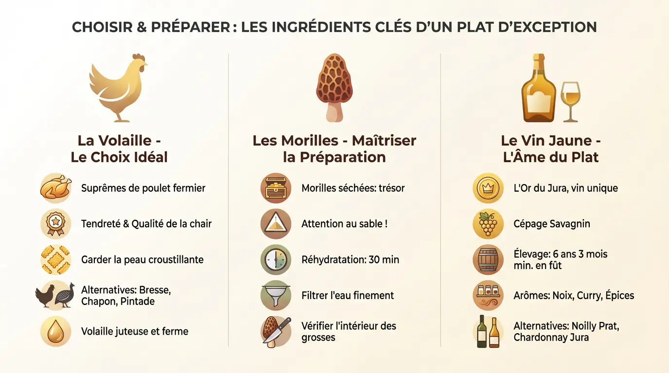 Ingrédients frais pour la recette poulet morilles vin jaune : suprêmes, morilles séchées et bouteille de vin du Jura