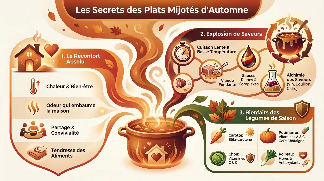 Cocotte en fonte mijotant un ragoût d'automne riche en légumes et viande fondante