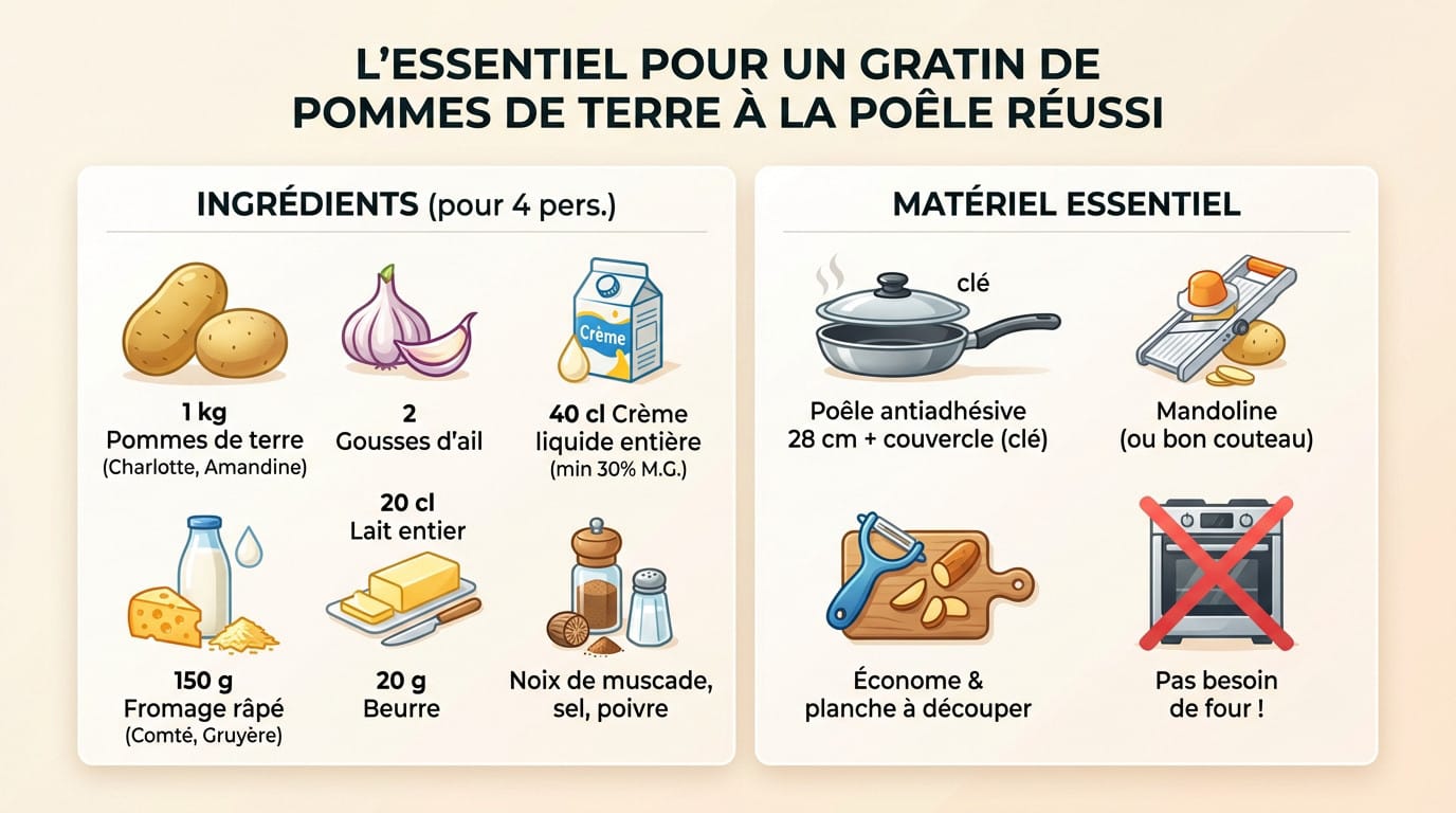 Ingrédients et ustensiles nécessaires pour le gratin de pommes de terre à la poêle