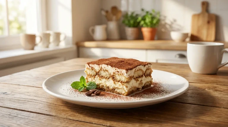 Part de tiramisu crémeux sur assiette blanche