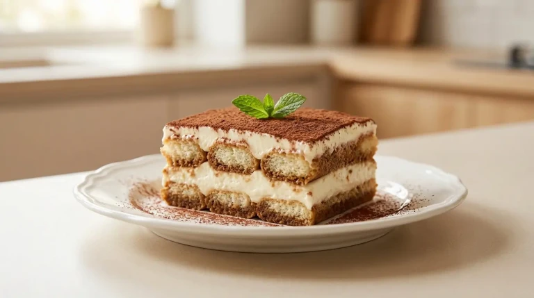 Part de tiramisu crémeux saupoudré de cacao