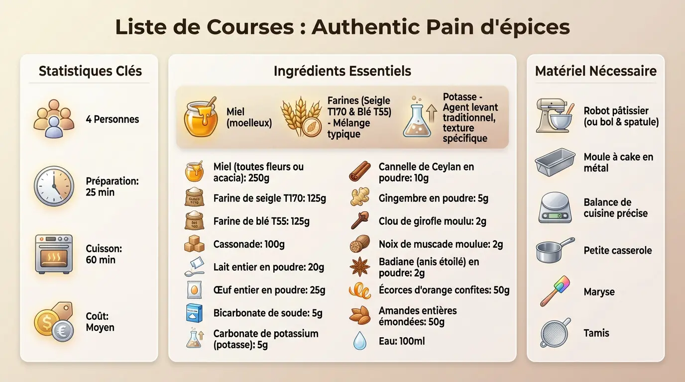 Ingrédients traditionnels pour la recette pain d'épices alsacien sur une table en bois